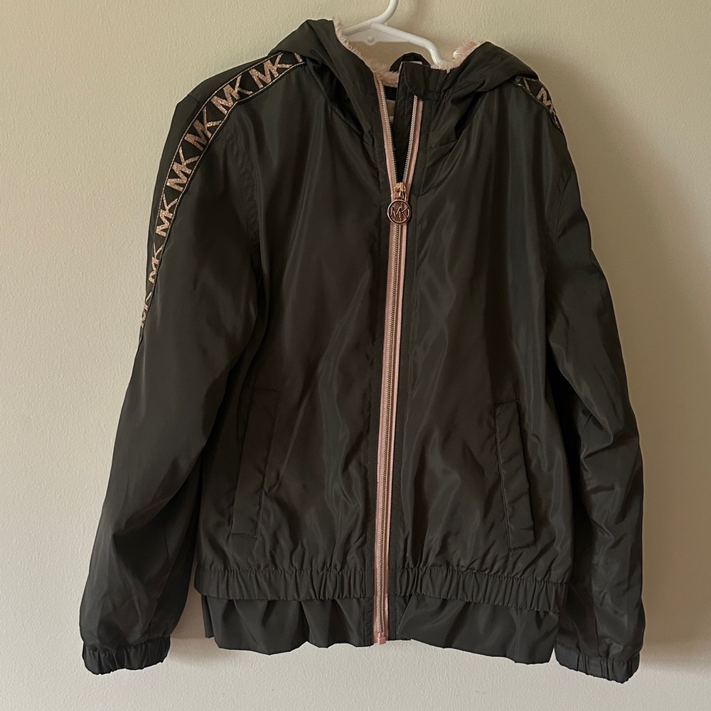 Michael Kors olive green Hooded Puffer Jacket with Pink Trim